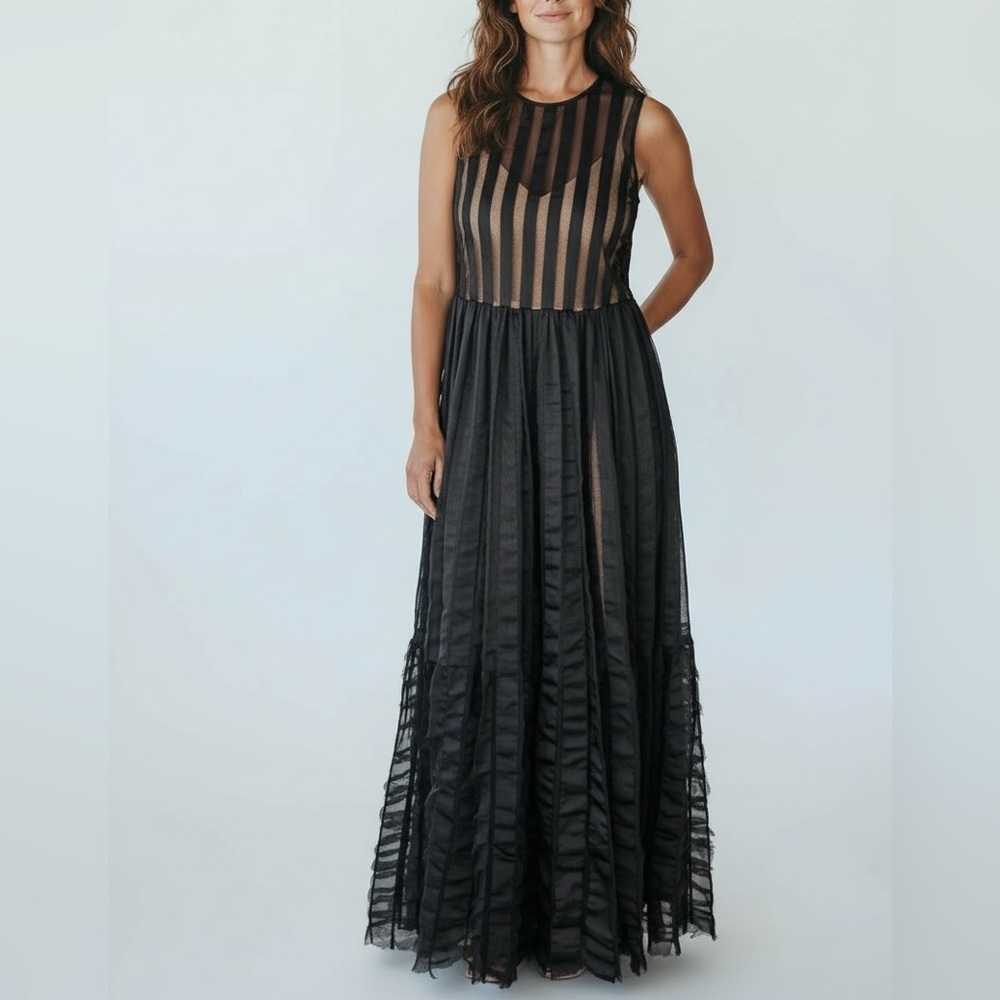 Tracy Reese Evening Dress Womens 4 Black Pleated Illusion Striped Knit Maxi